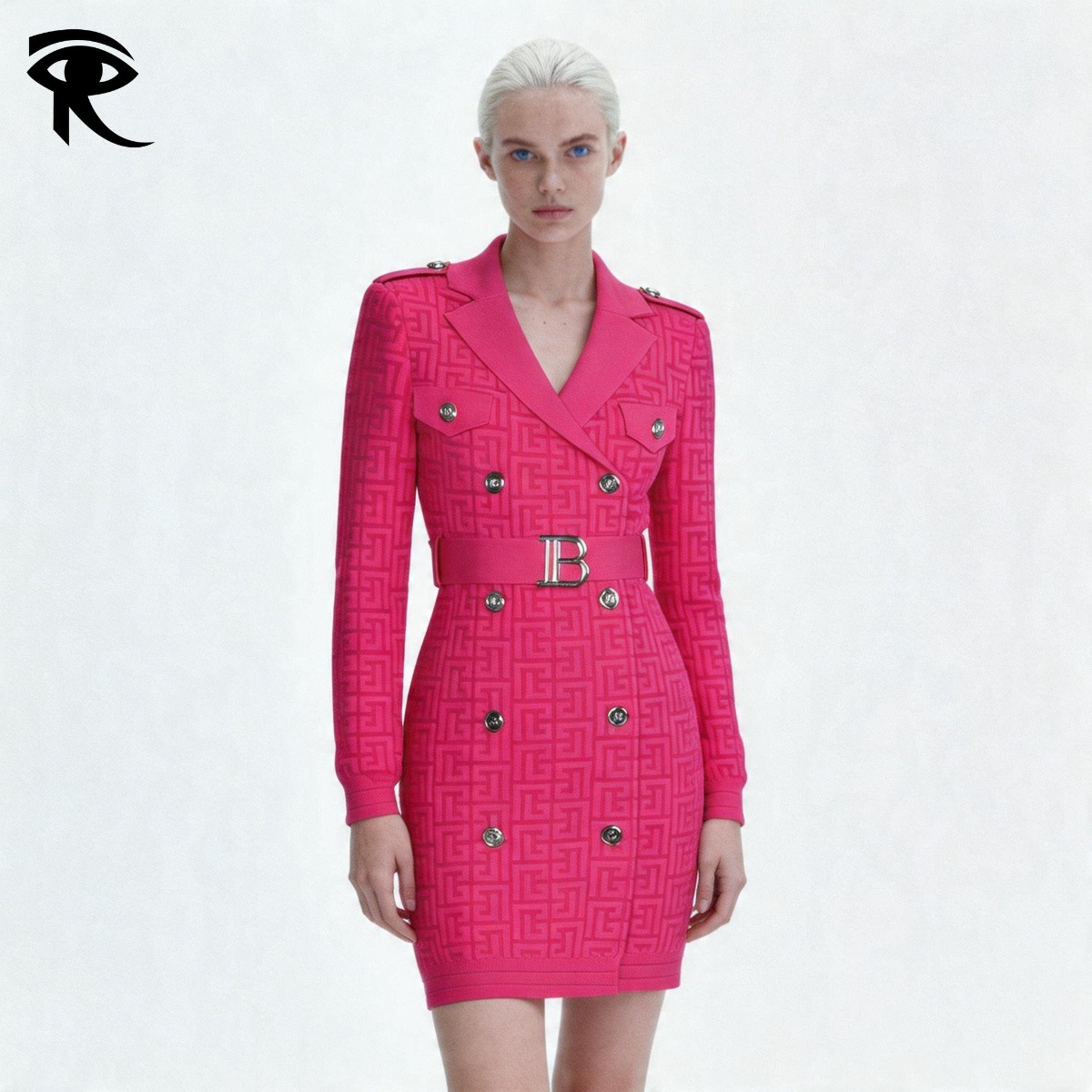 2026 Européen américain printemps automne Blazer col géométrique frette en forme de B boucle taille cintrée minceur à manches longues robe en tri