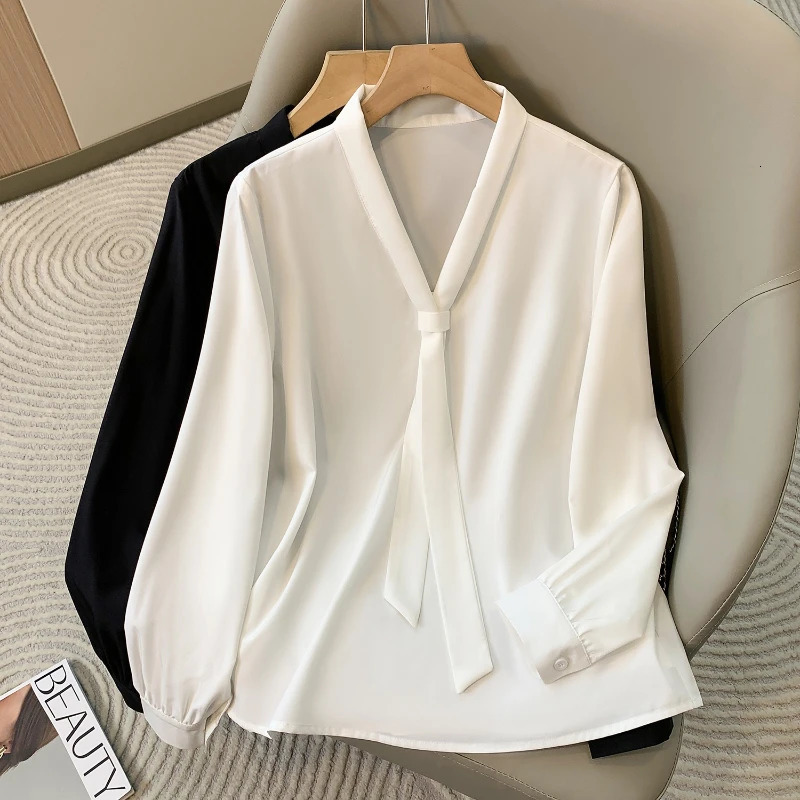 2026 Womens Elegant Butterfly Knot V-neck Blouse Solid Thin Chiffon Plus Size Shirt Spring Autumn Fashion Long Sleeves Tops 260416BJ