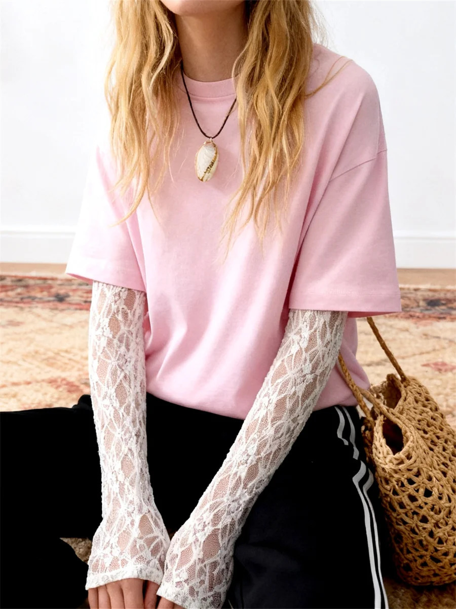 Fashion Women Tops Lace Sleeve Patchwork Short Sleeve Loose T-shirt Summer Fall Club Streetwear Gothic Tee Shirts 260416BJ