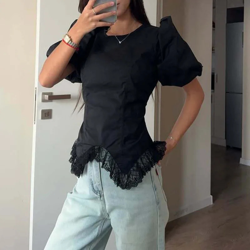 Sexy Lace Patchwork Asymmetric Hem Top 2026 Casual O-neck Puff Sleeve Fitted Blouse Women Elegant Clothes Solid Lace Up T-Shirts 260416BJ