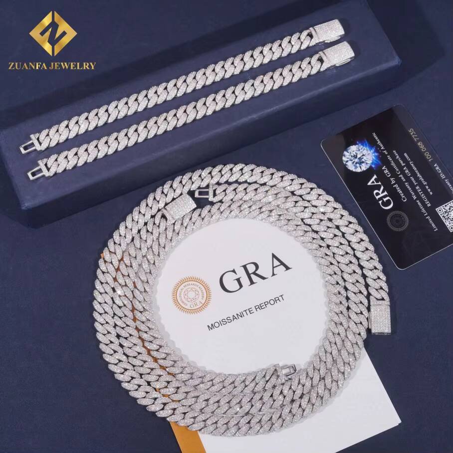 13mm 2rows Moissanite RTS Pass Diamond Tester Mens Jewelry 925 Silver Cuban Link Chain White Gold Plated Popular Chain