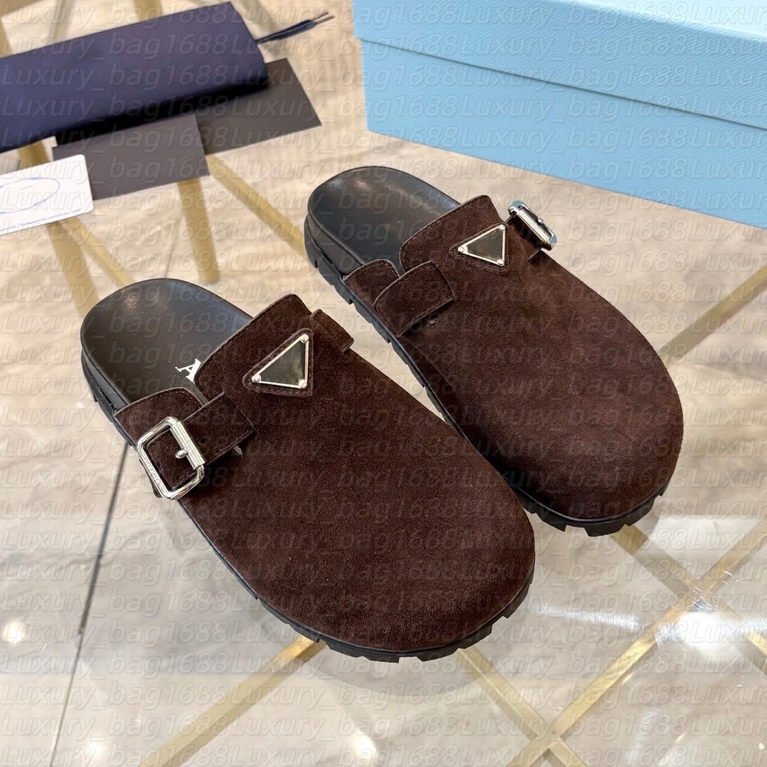 Brown suede Scuffs designer sandals Women mules slide 12a Dark brown Boken slippers Luxury summer flat sliders Half sandale Comfort tazz slide rubbe