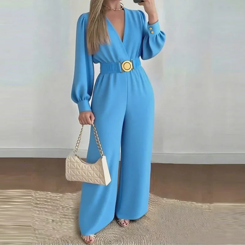 Fashion Commuting Jumpsuits Belt Lace Up Wide Legger Romper Casual Long Sleeve Womens Autumn Elegant V neck Solid Long Playsuit 260416BJ