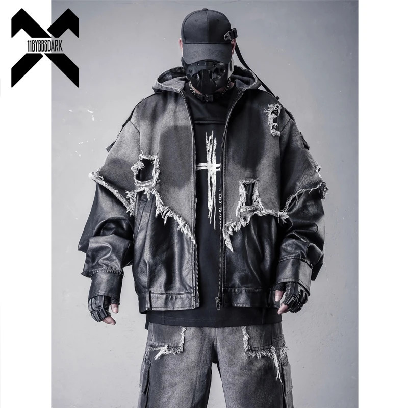 Vintage Distressed PU Leather Patchwork Denim Jacket Hooded Coat Men Street Punk Hip Hop Techwear Oversized Outerwear 260416BJ