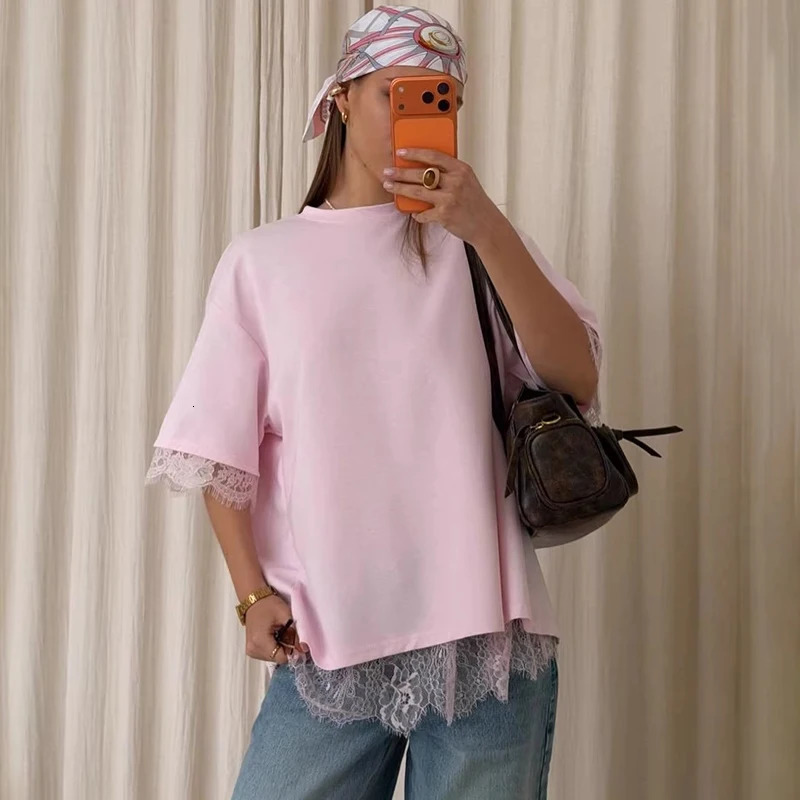 Tornova 2026 Summer Lace T shirt Casual Short Sleeve Backless Pullovers Top Loose Fashion Solid Female 2026 Vacation T shirt 260416BJ