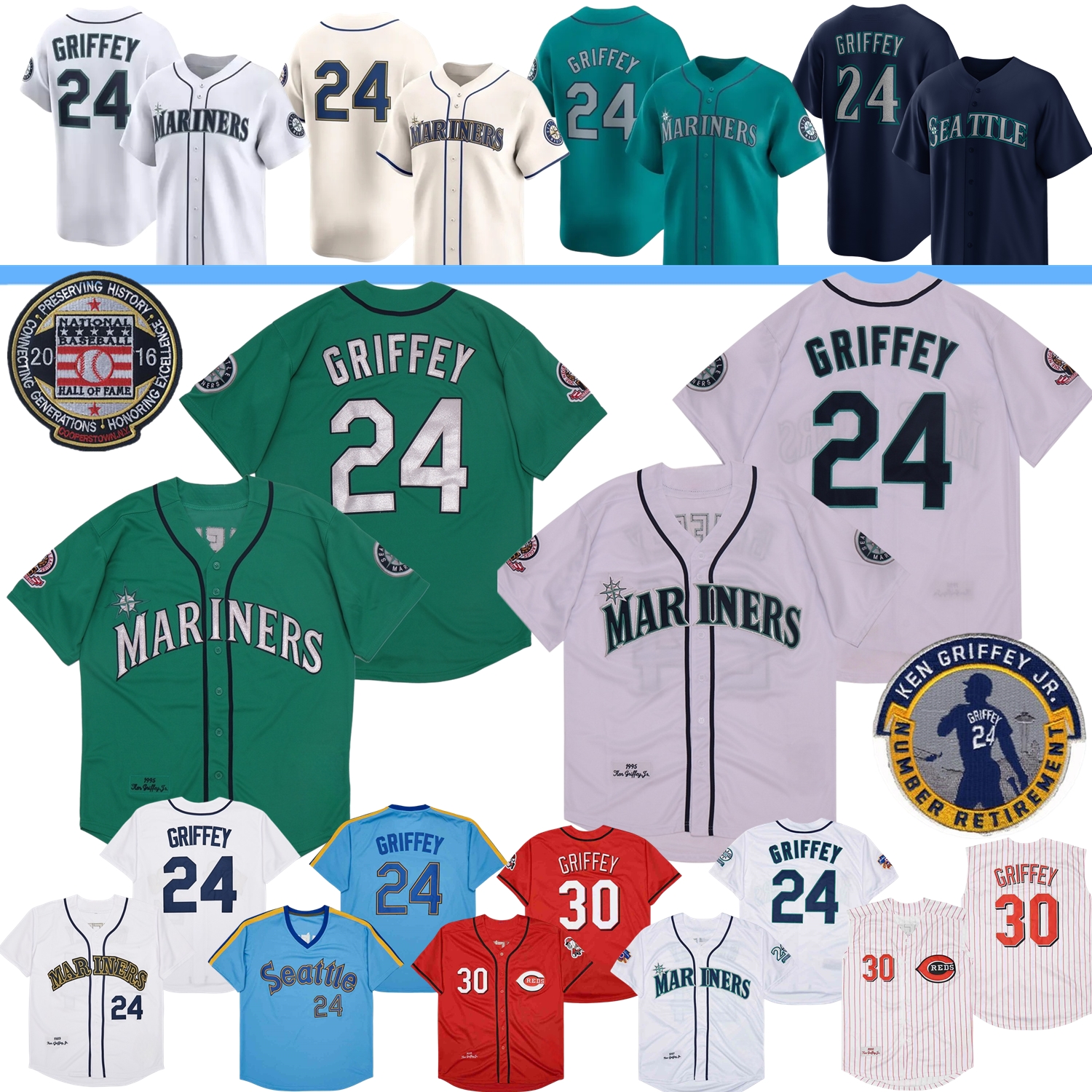Ken Griffey Jersey Vintage 1989 1995 1997 2000 2005 Pull à fines rayures Bleu bébé Blanc Vert Rouge Mesh Hall of Fame Patch Retraite Adulte S-3XL
