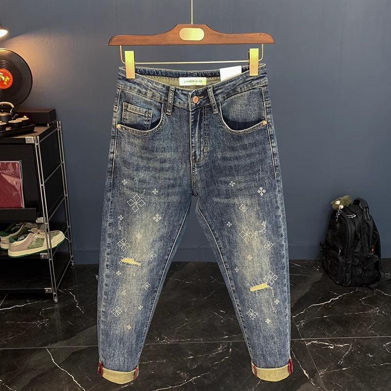 Men's Boot Cut Jeans, Blue Distressed Cotton Pants with Elastic Waist - 31 in Mid-Waist, Light-Wash Heavyweight Fabric, Exposed Hem, Skinny Fit for
