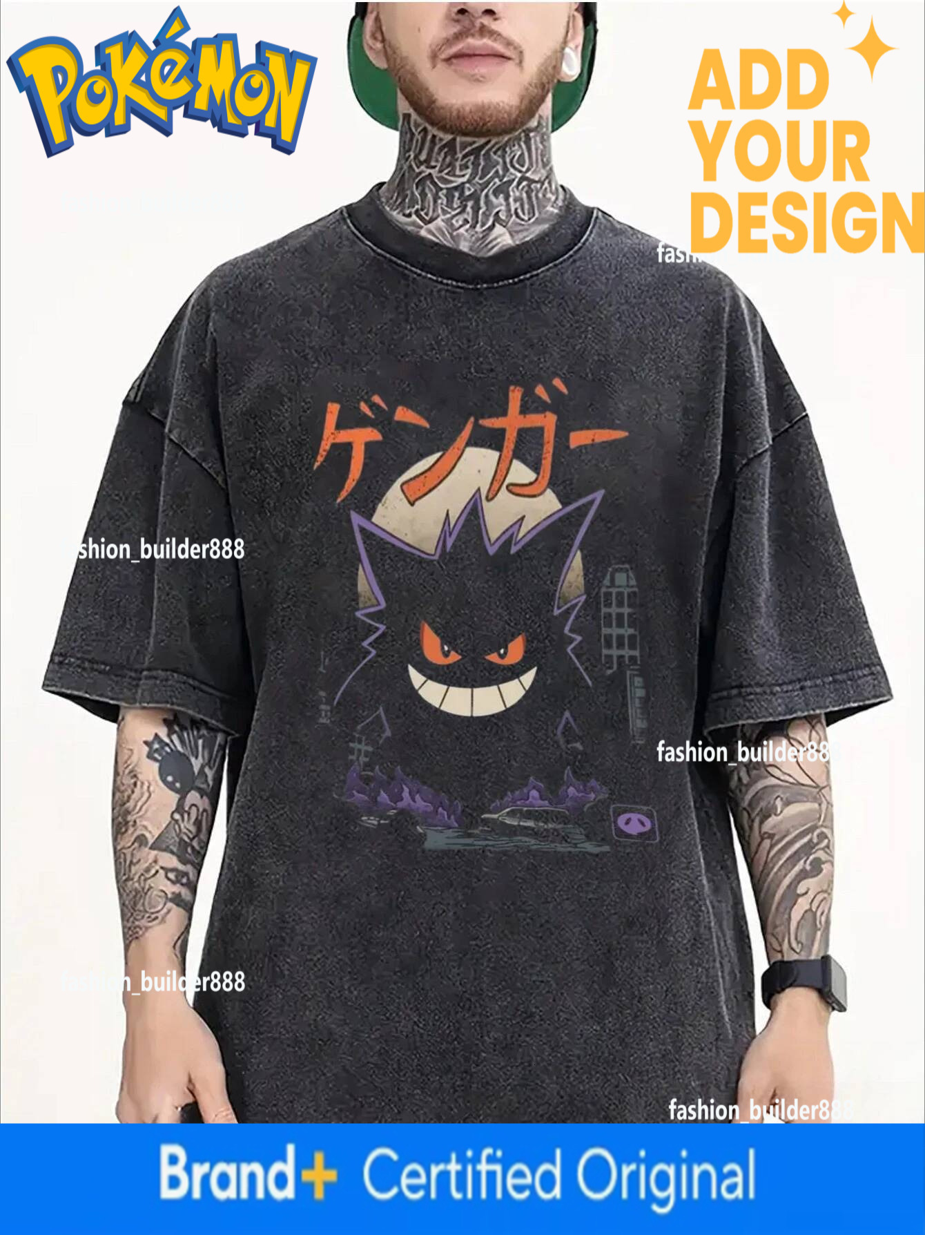 Pokemon Gengar Printing Tee Pure Cotton T-Shirt Men's 2026 Summer Fashion Oversize Street Casual Y2k Tops Streetwear Clothing