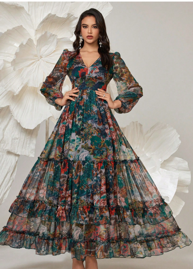 Womens Lantern Sleeve Retro Dress Long Sleeve Floral Printing Slim Stand Collar Elegant Shirring Vintage Button Spring Dress 240927