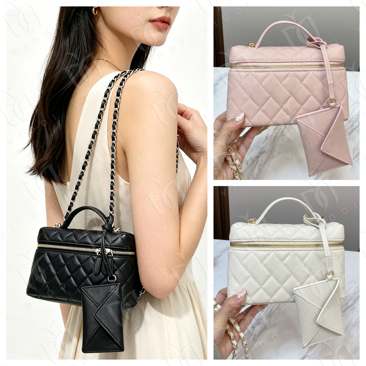 Caviar Leather Quilted Vanity bag Designer bag Luxury Box Chain Shoulder Makeup Bag with Small Pouch Elegant Women's Mini Crossbody Handbag Mak