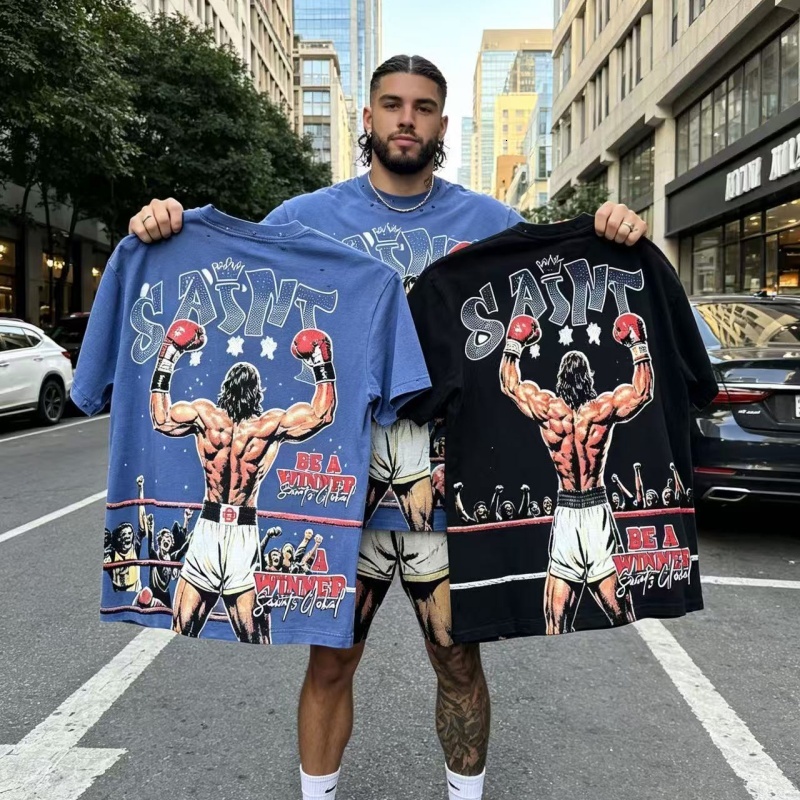 Hot Sell Men Dropped Shoulder Oversize Wash T-Shirt Hot Diamonds American Rock Street Casual Retro Style Short Sleeved T-shirt Crew Neck Swearshi