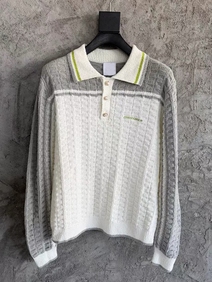 Sweater tn Casabalnc New High Quality Designer Trendy Pullover Jumper Pearl Button Lapel Wave Crochet Wool Knitted Men and Women Short Sleeved Sw-image-935464345