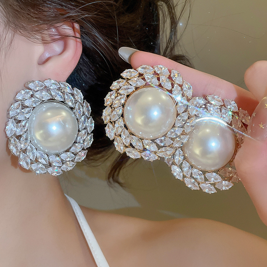 Silver needle zircon round pearl European American cross-border fashion, exaggerated elegant earrings, light luxury and high-end feel, women'-image-1102231041
