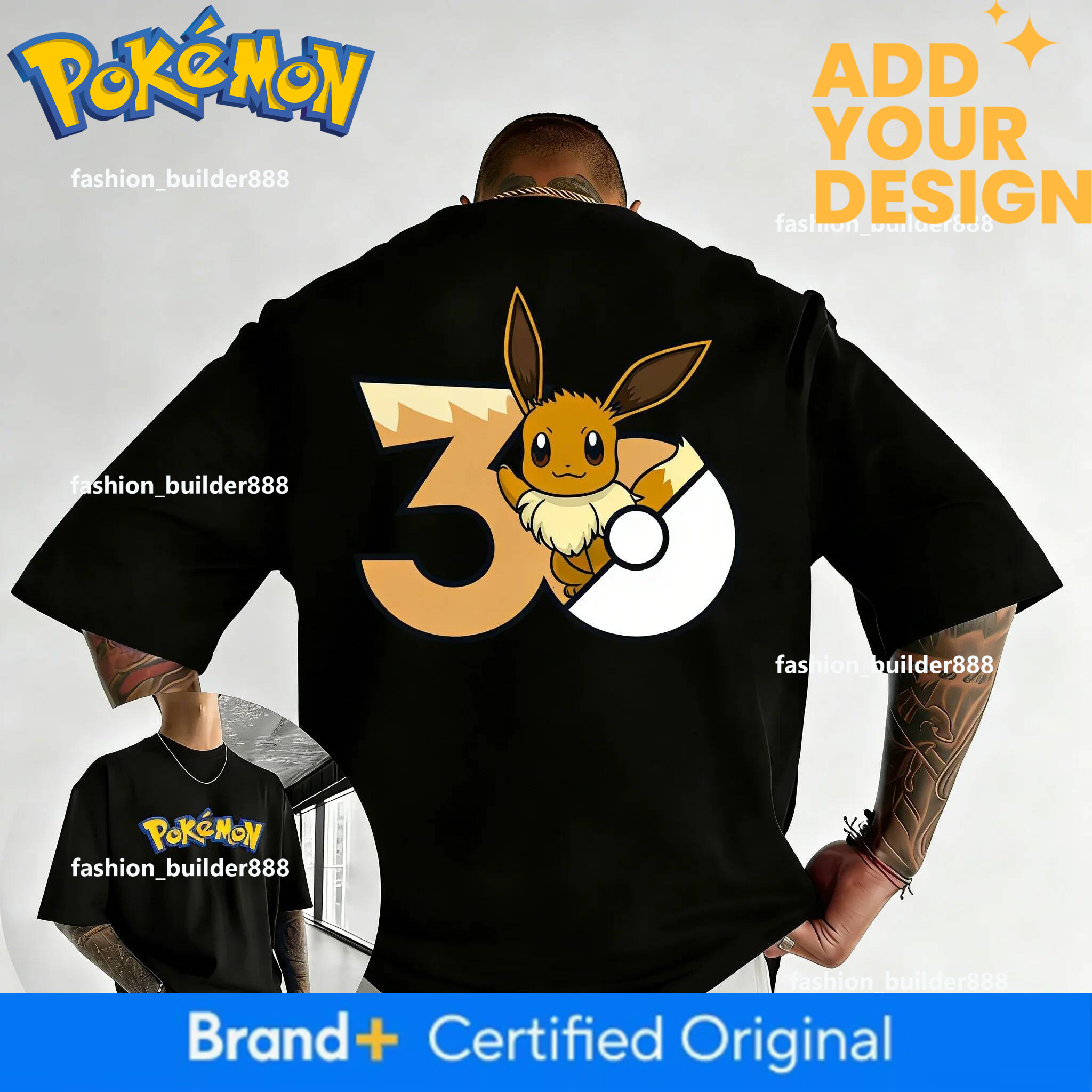 breathable Pokemon 30Th Anniversary Eevee Printed T-Shirt Summer New Men's And Women's Trendy Large Loose Casual Y2k Short Sleeve Top