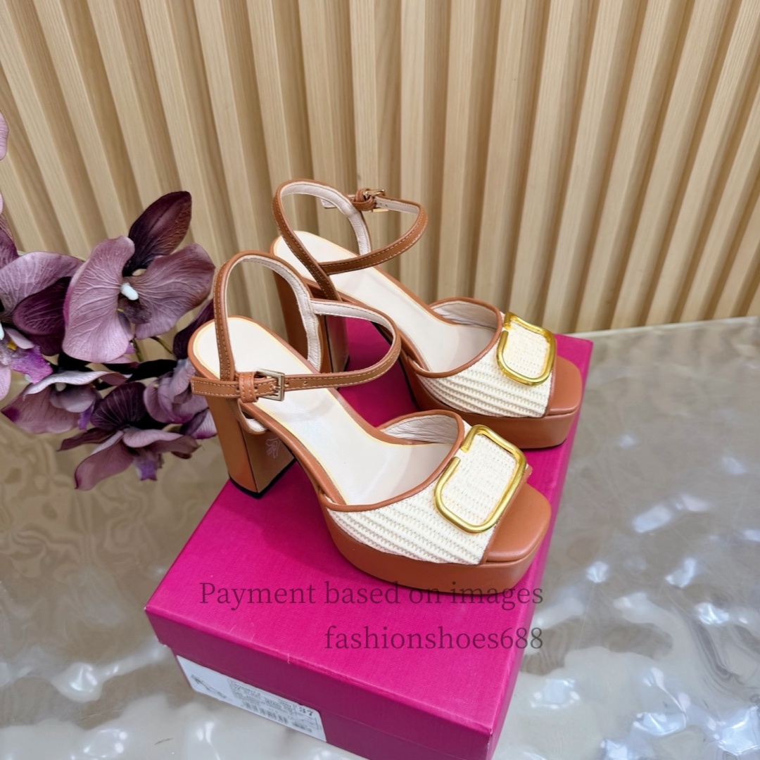 Brown beige leather high-heeled shoes golden buckle thick platform featuring a one-piece strap sexy womens shoes luxurious design designer sandals S