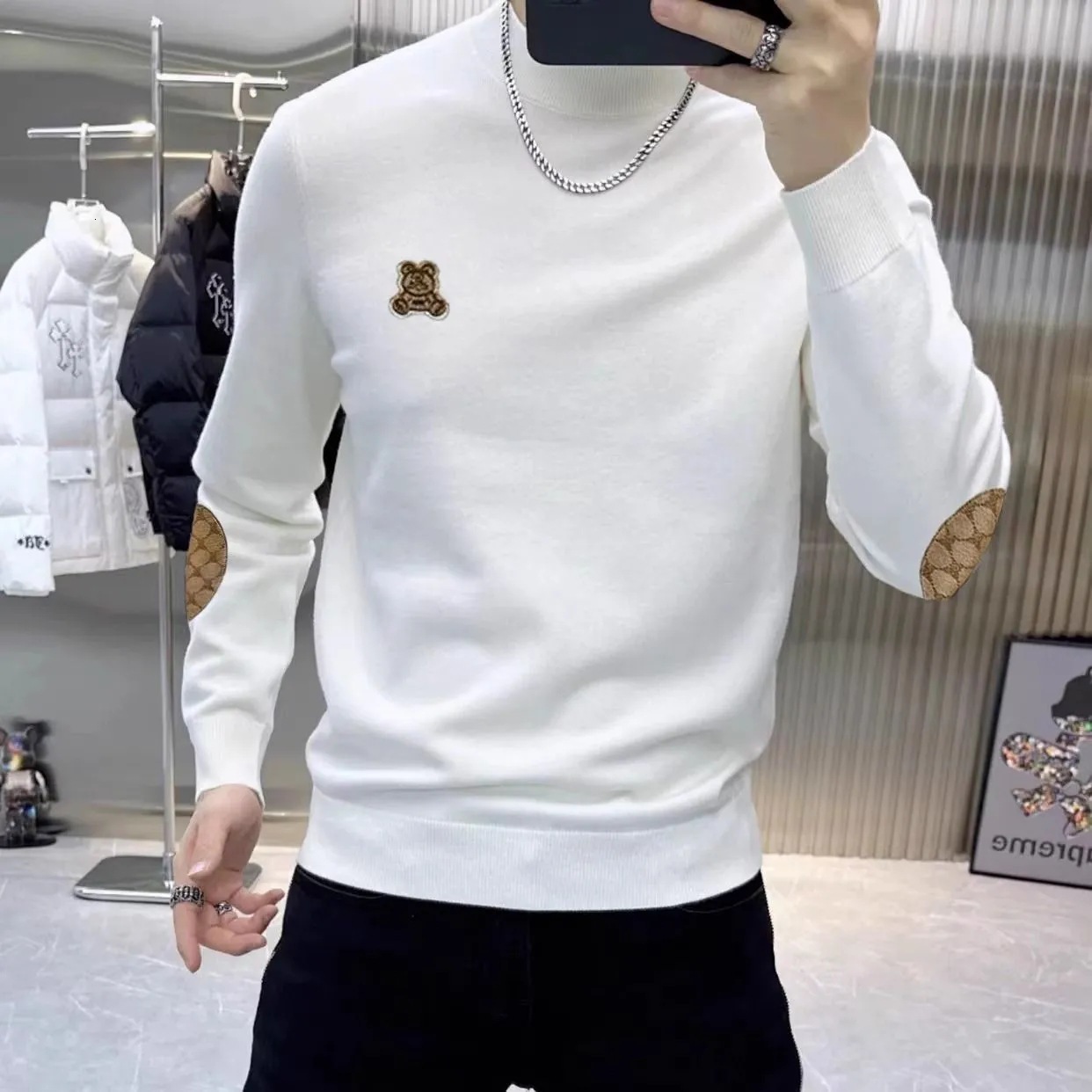 Designer Men's Cashmere Blend Sweater, White Round-Neck Knitwear with Bear Patch Embroidery, Embroidered Cuffs, Long Sleeve Batwing Punk Style