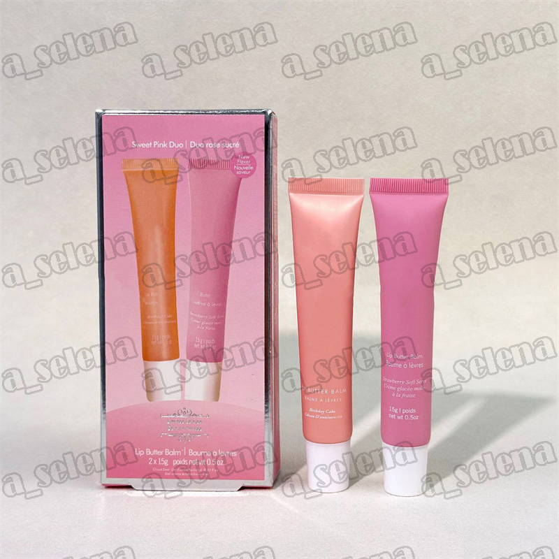 Maquillage pour les lèvres 2 pièces ensemble gâteau d'anniversaire fraise pleine taille soin hydratant baume à lèvres lissant alimentation durabl