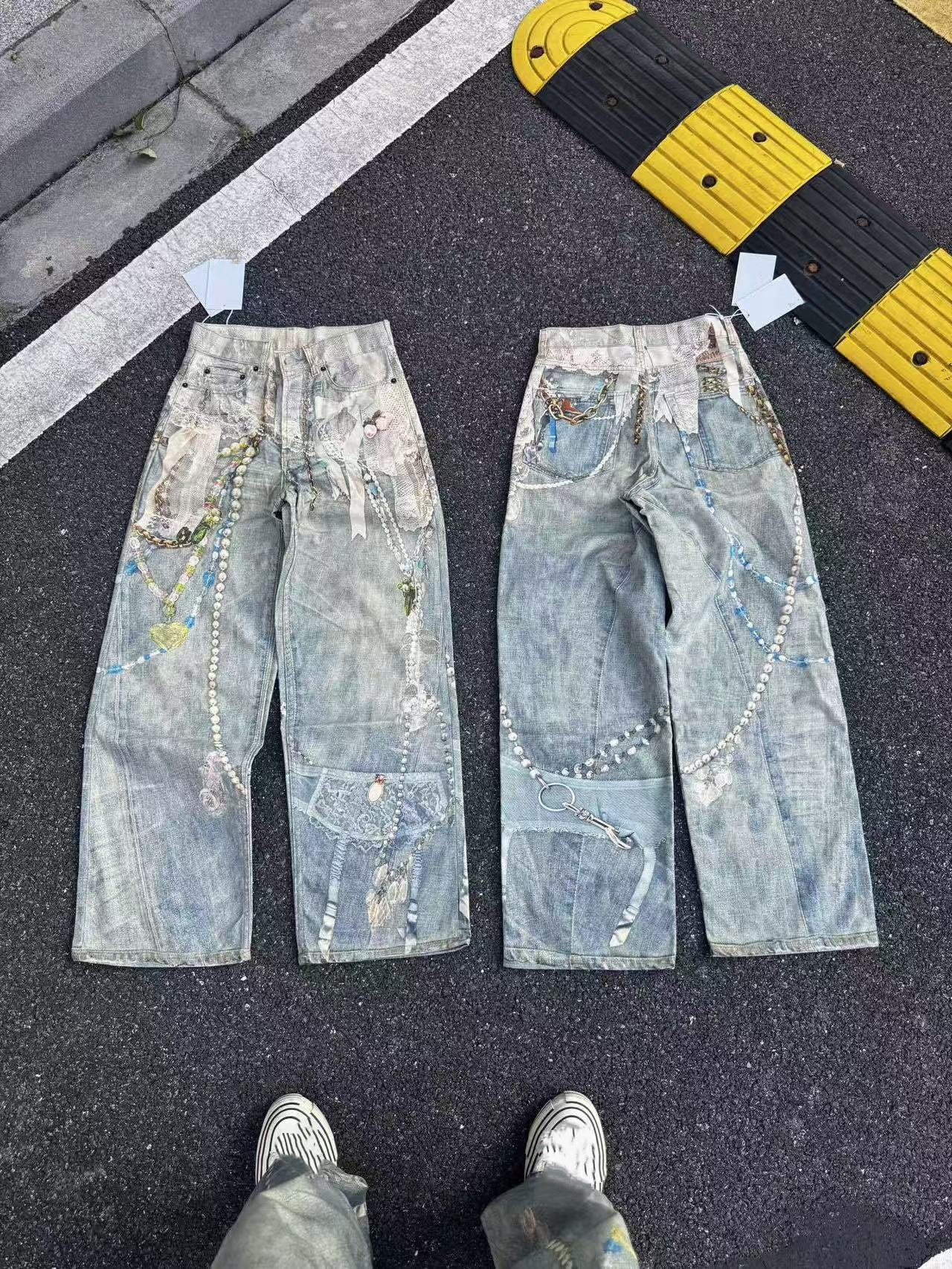 A trendy streetwear hand-painted splatter ink distressed washed vintage long pants, unisex loose versatile light luxury wide-leg jeans-image-1102390181