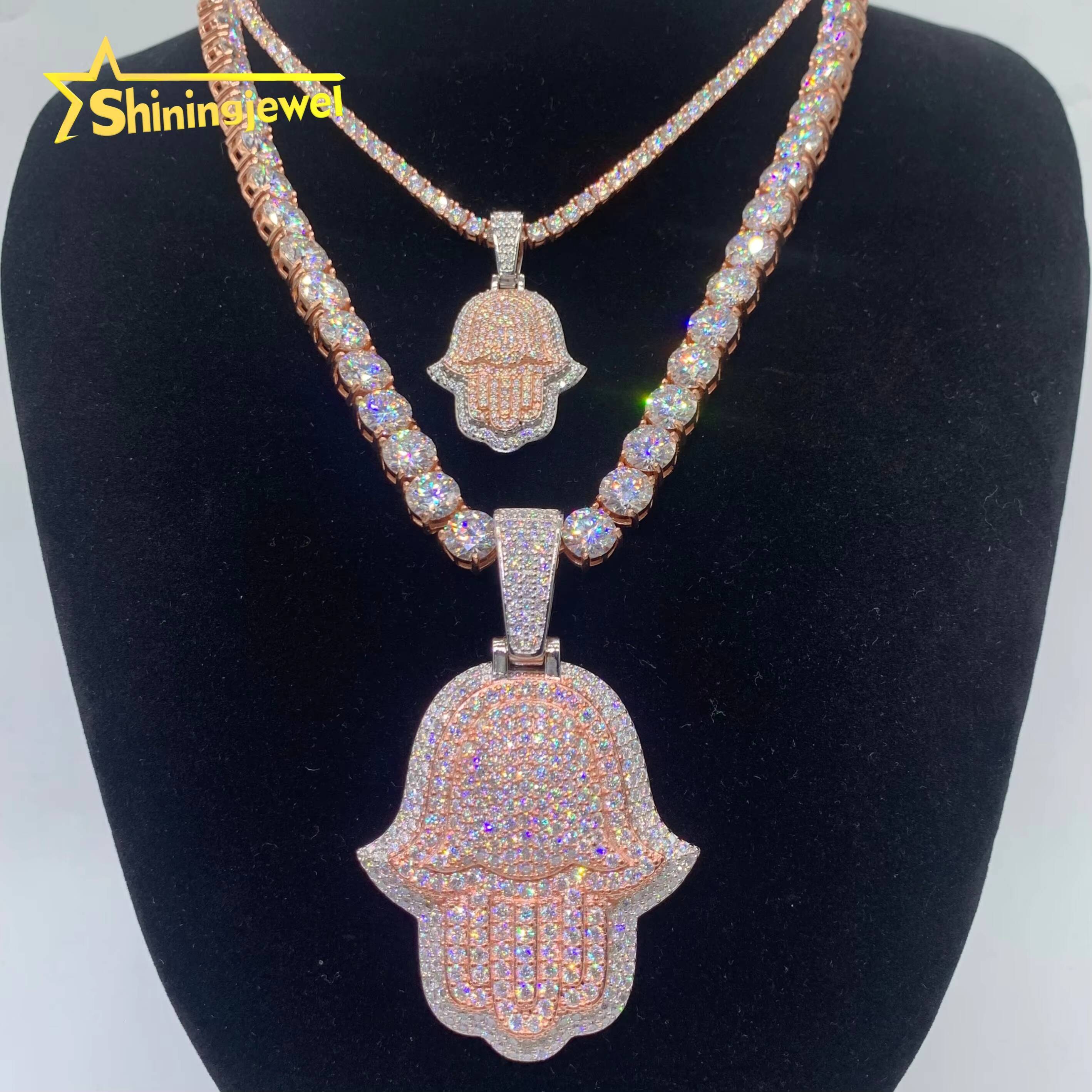 High Quality Protection Lucky Charm Hand of Fatima Hamsa Hand Hip Pop Pendant Real Gold Plated S925 Silver Religious Iced Out VVS D Moissanite Iced