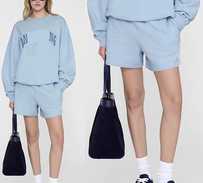 2026 New Minimalist Designer Cotton Mid-Rise Straight Shorts Classic Letter Hand Embroidery Fleece Sky Blue Women's Casual Loose Pullover Ho-image-912054764