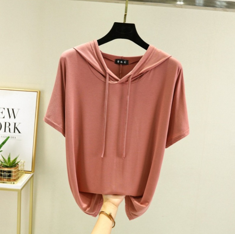 A506 T-shirt fin Modal grande taille pour femmes, sweat-shirt d'été à capuche et manches courtes de couleur unie