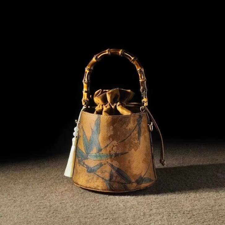 2026 New Bamboo Handle Bucket Bag, Vintage Chinese Style Tassel Handbag, Women's Satin Cheongsam Bag with Shoulder Strap for Spring & Autumn