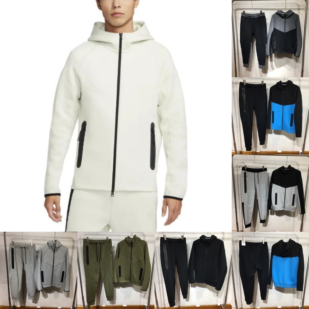 Survêtement en coton avec couche d'air pour hommes, veste à capuche, bloc de couleurs, fermeture éclair, pantalon de survêtement à manches longue