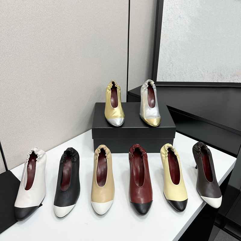 2026 Spring Summer New Women Formal Shoes Retro Color blocked Ruffle Elastic with Elastic Mouth Color blocked Thin Heels Deep Mouth Shoes Size 35-41