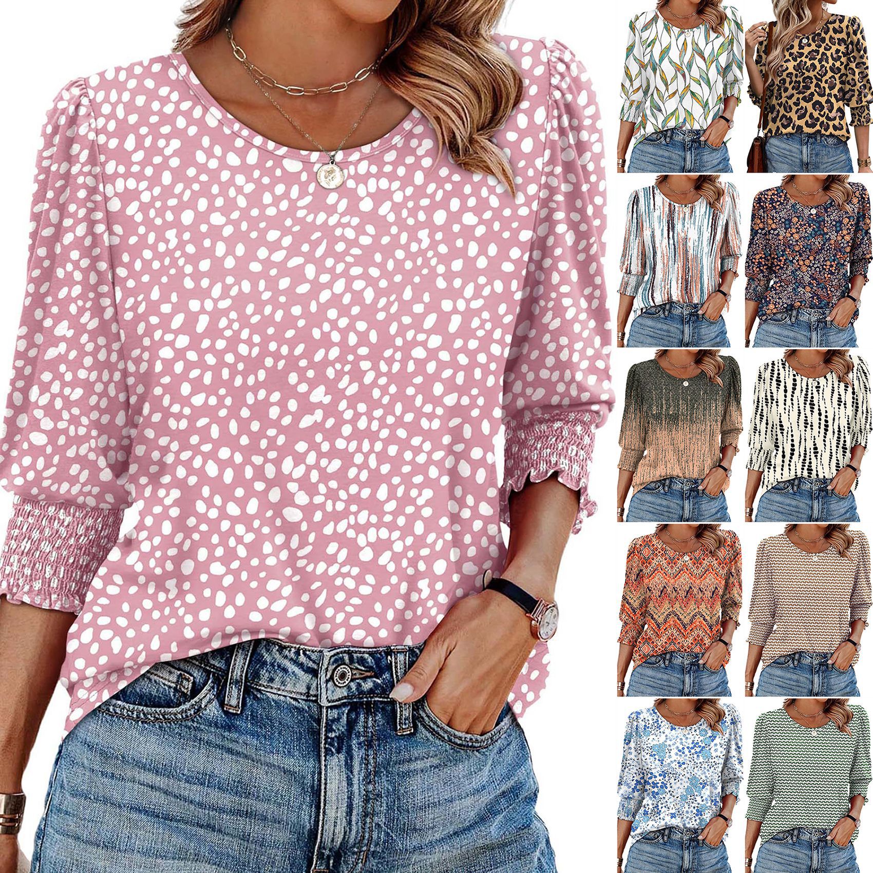 European Women's Autumn 2026 Loose Casual Print Seven-Eighths Sleeve Round Neck T-Shirt Top