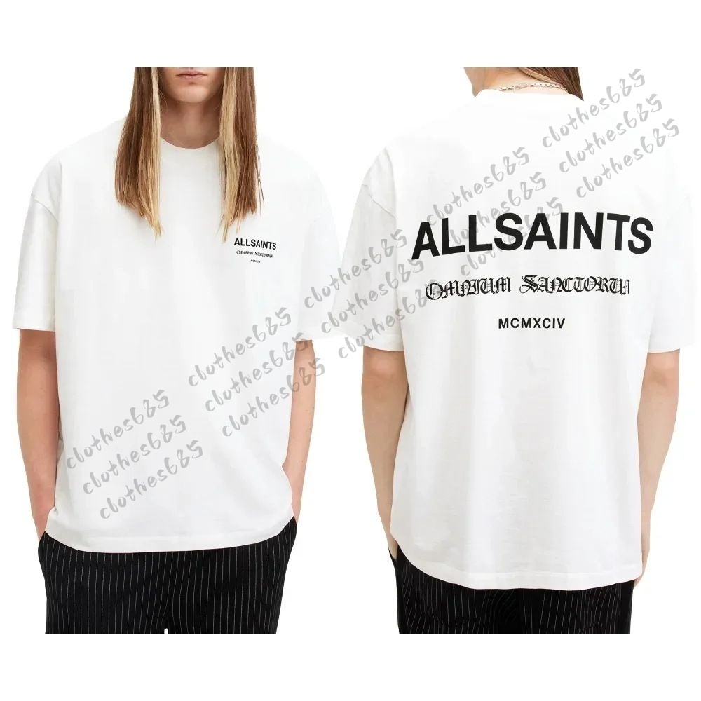 All Saints T-shirt de créateur pour hommes à la mode avec police rétro, streetwear décontracté et décontracté, style sur l'épaule, marque de luxe