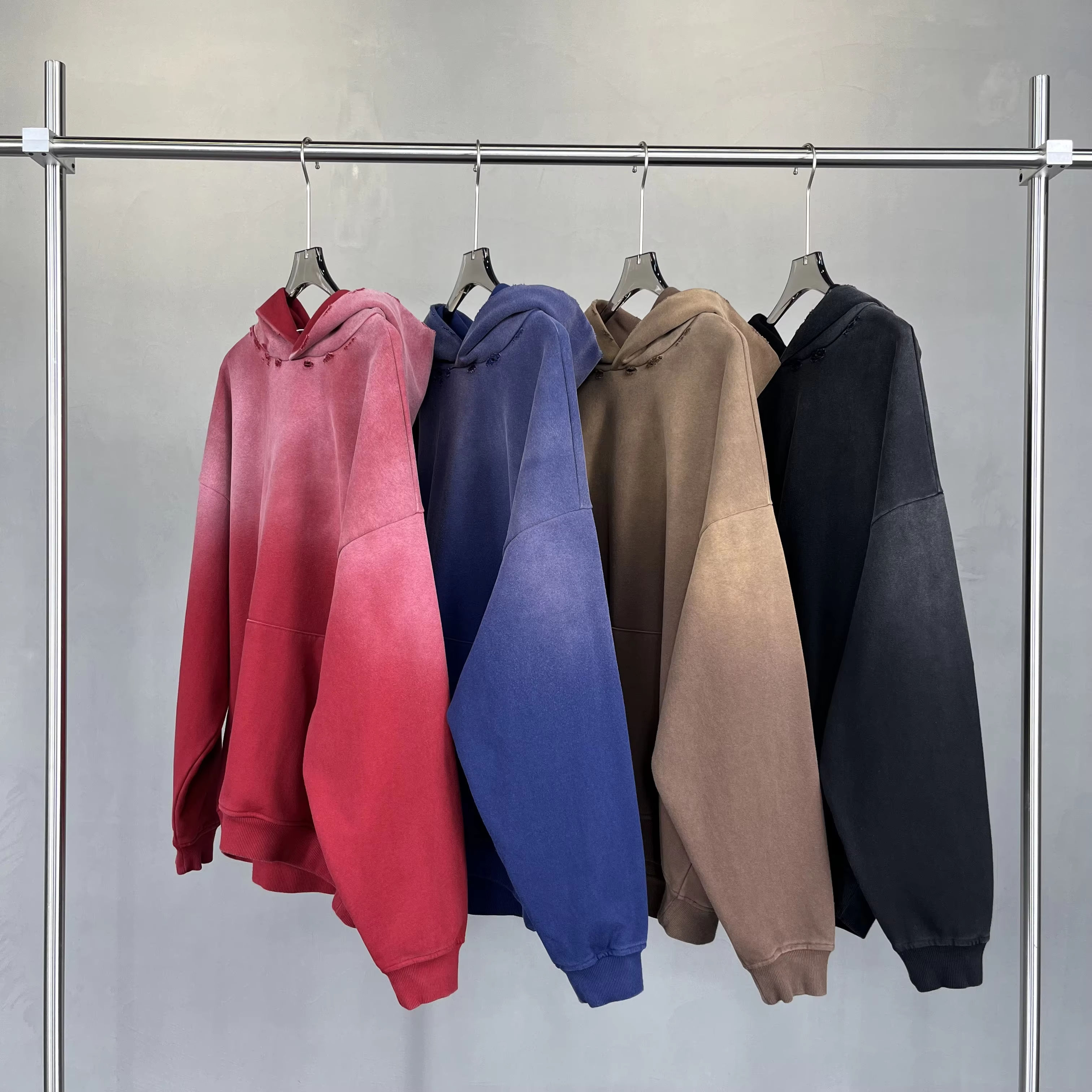 Ready to Ship Distressed Hole Custom Streetwear Brand Plain Designer Hodie High Quality Terry Heavy Weight Acid Wash Hoodies Men