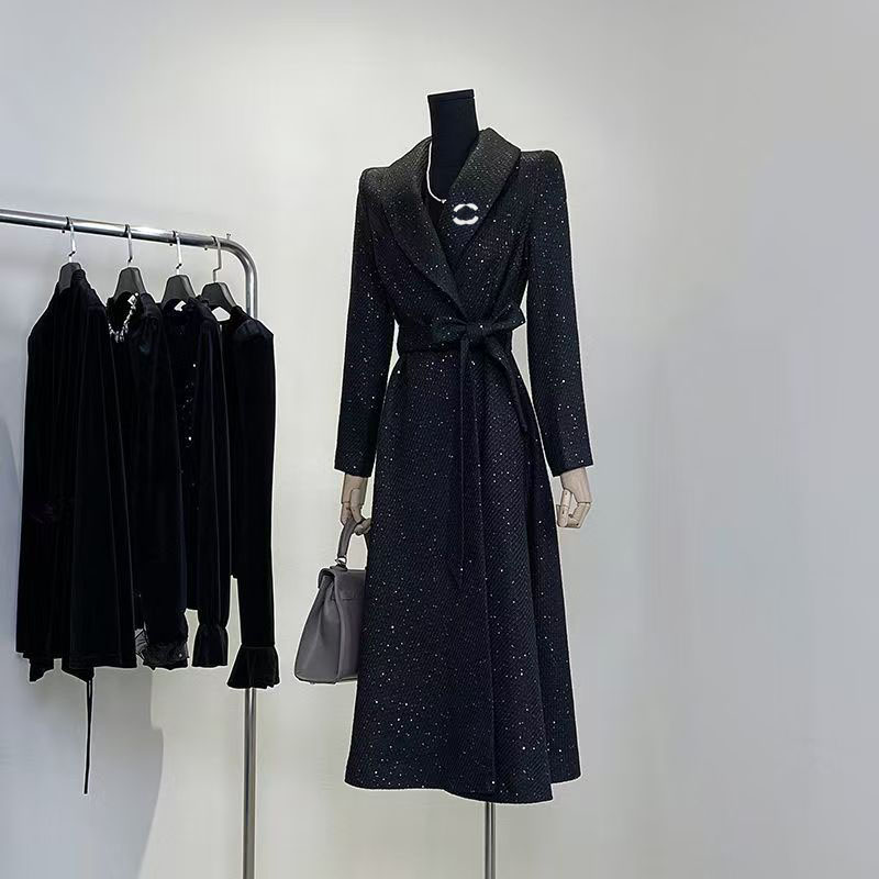 2025 Manteau de créateur à la mode, veste à col carré, longueur aux genoux, manteau en laine, haut de gamme, Style coréen, sangle fine, manteau h