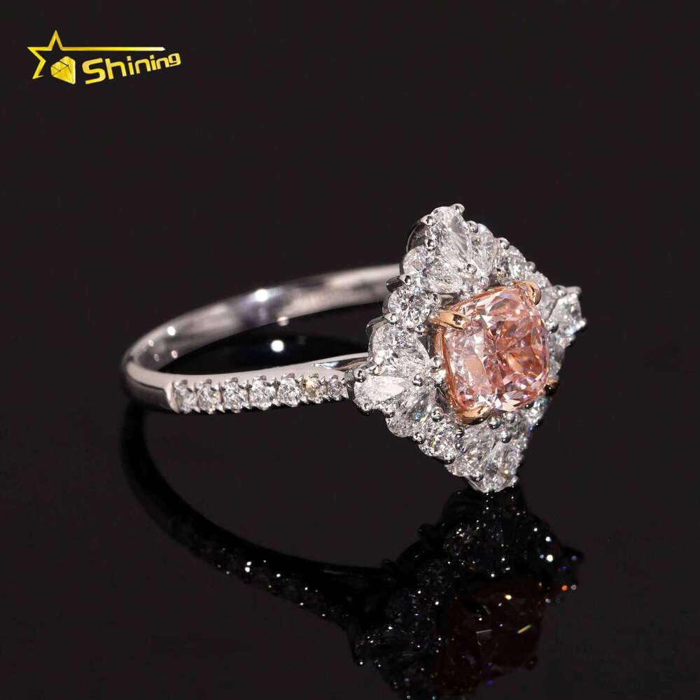 Shining Pink Gold Plated Ring, Lab-Grown Pink Cushion Cut Diamond Cluster Setting, Hip Hop Rock Engagement Ring, 10k 14k 18k Gold Options