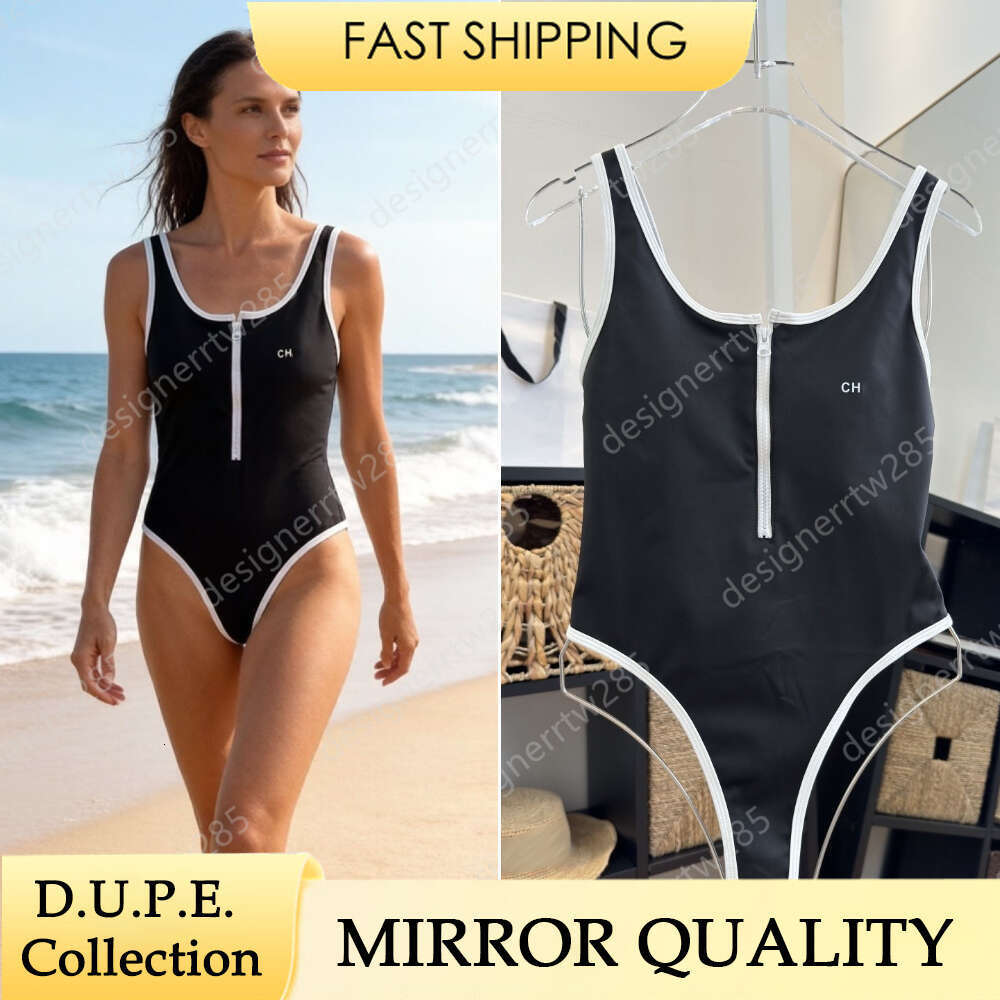 Designers CC Swimsuit Front Zipper One Piece Swimwear Women Sporty Monokini Luxury Bathing Suits Black White Contrast Beachwear-image-1103285516