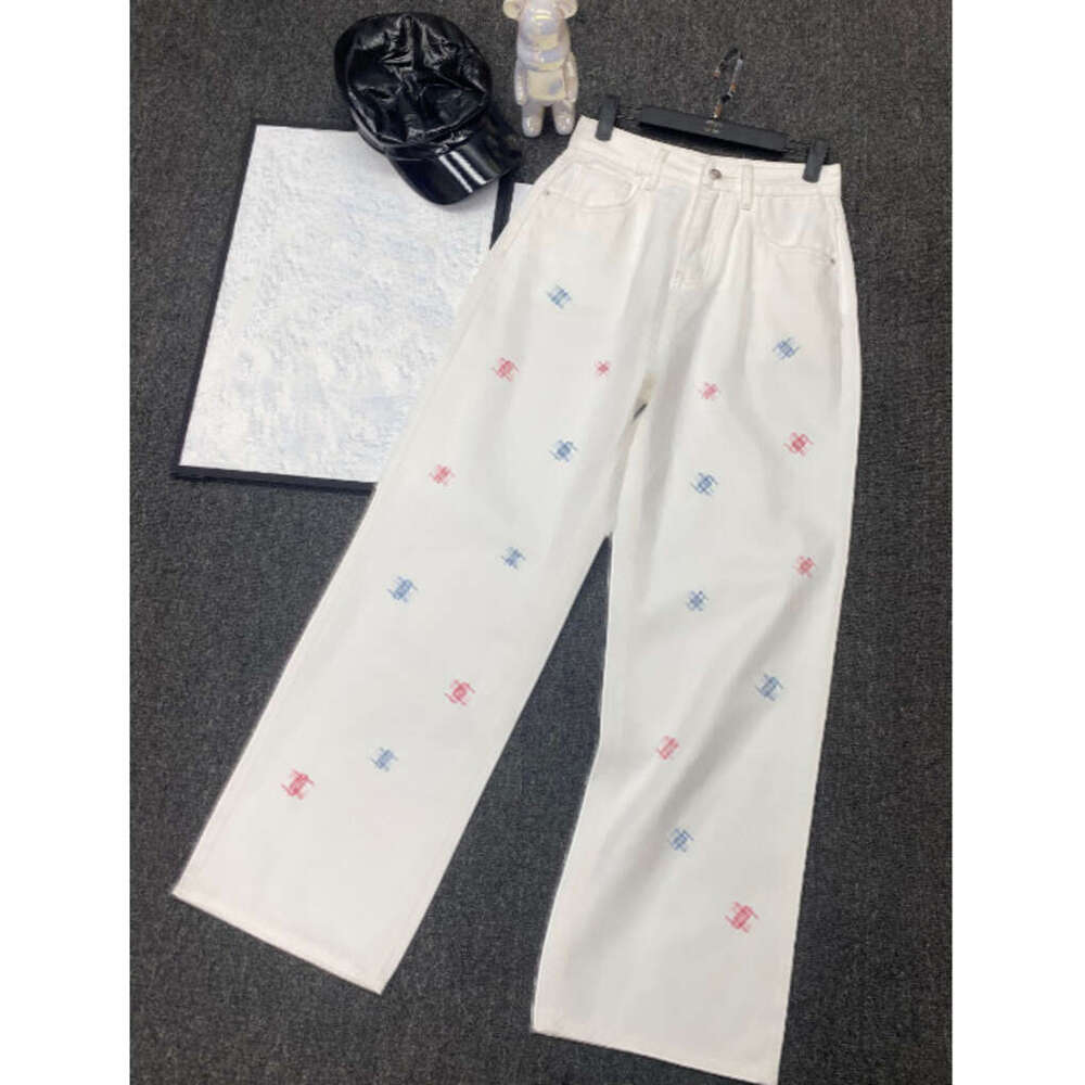 Designer Jeans Women High Waisted Wide Leg Jeans Colorful embroidery Brand logo Double C Straight Leg Denim Pants Casual Loose Fit White Trousers-image-1102529183