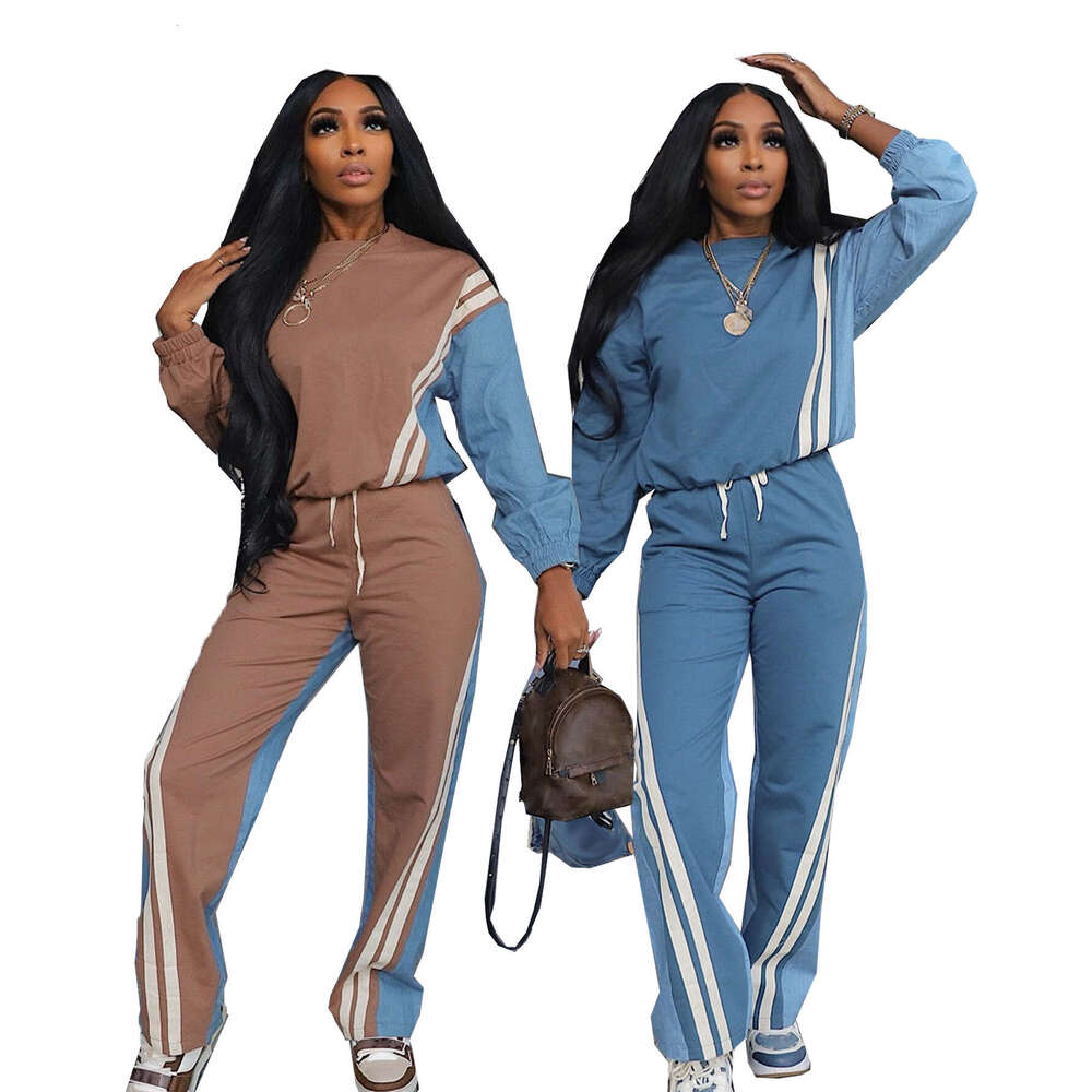 Luxury Autumn/Winter European American Sports Style Color-Blocking Faux Denim Striped Long-Sleeve Sweatshirt And Drawstring Pants Two-Piece Set