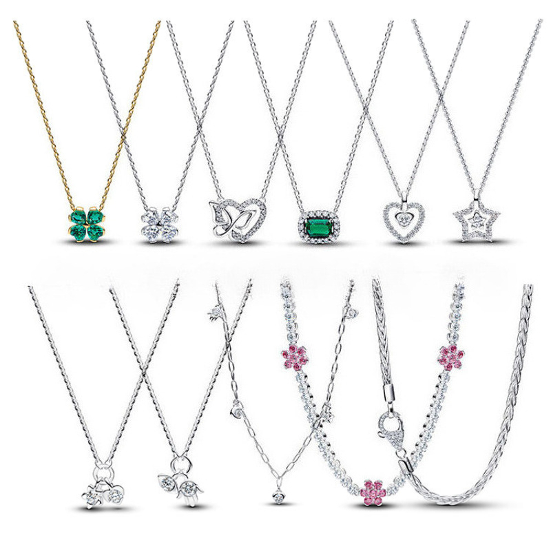 2026 summer newest pink flower cz zircon necklace choker S925 silver plated green clover shine sparkling crystal love heart star chokers necklaces j