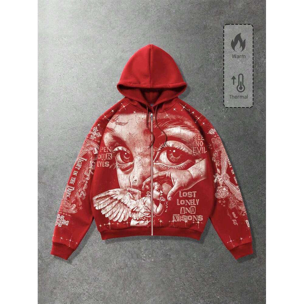ROMWE MEN Life Spring Graphic Red Men's Casual Fashion Street Angel Print Zip-Up Drawstring Hooded Fleece Sweatshirt, Warm For Autumn/Winter, Y