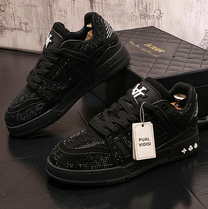Women's Black Rhinestone Sneakers Sparkly Low-top Casual Shoes Trendy Brand Men's Sneakers New Color Block Versatile Thick Sole Height Inc