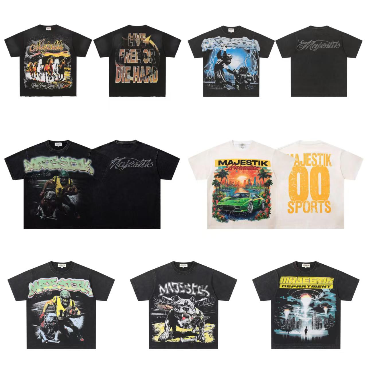 Hot sale Designer Mens Majestik T-Shirts American Trendy Brand Retro Majestik High Street Hip-Hop Letter Printing Rhinestones Short-Sleeve Summer-image-1102662357