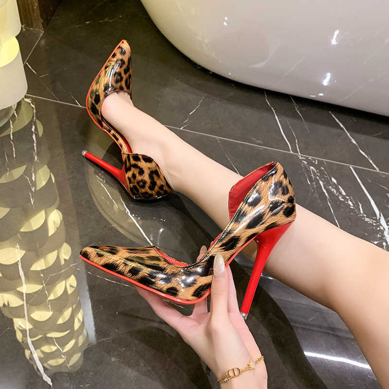 Yellow Leopard Print 12cm High Heels Womens Stiletto Heels 1cm Belt Buckle Sexy Party Pumps Ladies Dress Shoes H260820