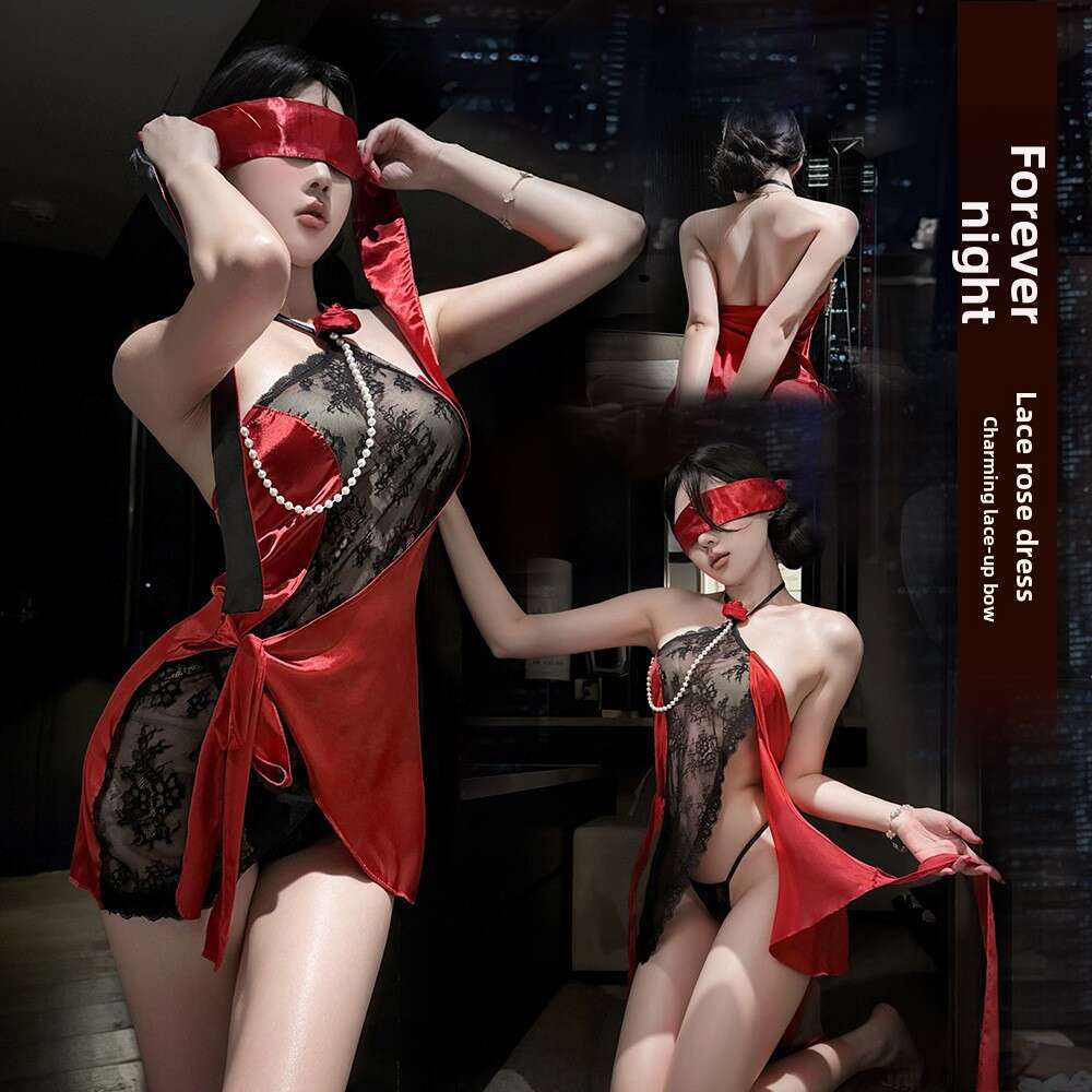 Women Sexy Red Satin & Black Lace Lingerie Dress - Halter Neck Chemise with Pearl Chain Detail, Bow Tie, and Backless Design, Romantic Sleepwear for