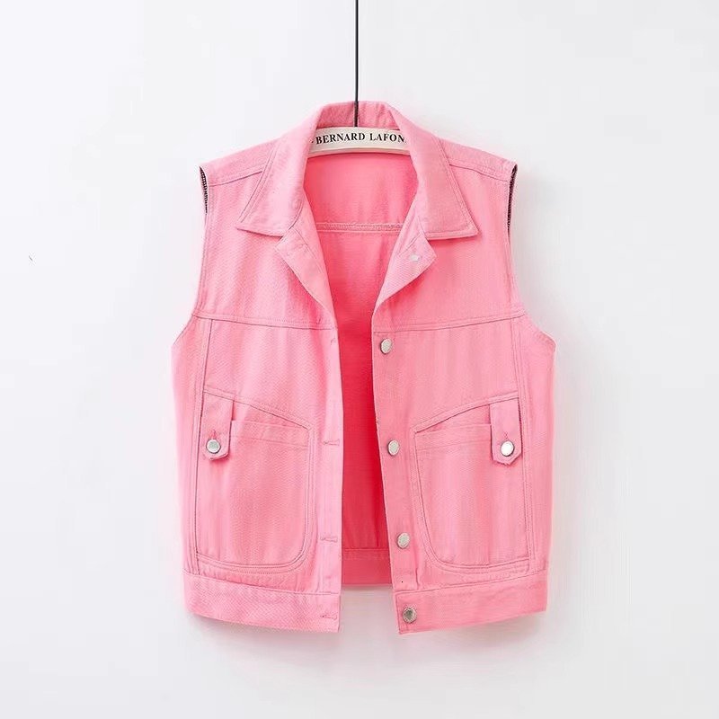 Colorful denim vest for women short style spring and autumn 2025 model lapel collar sleeveless jacket slimfit outerwear 251010