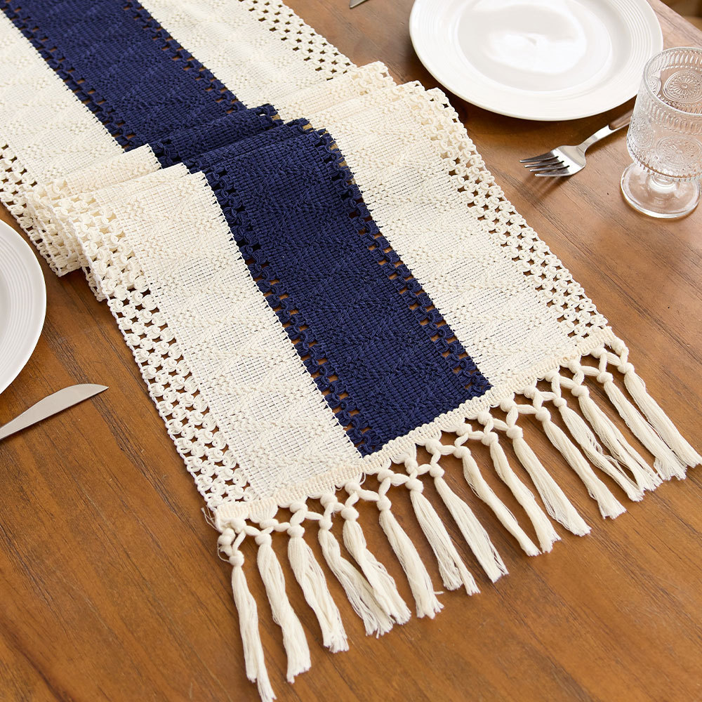 Red table runner with tassel cotton openwork design, serving tablecloth.EEW701-image-1103247484