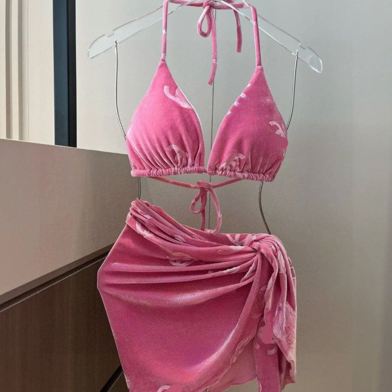 2026 Summer Newest Luxury letters pink velvet 3pcs one set swimsuit swimwear bikini girls trendy beach holiday swimming bikinis swim suit swim wear