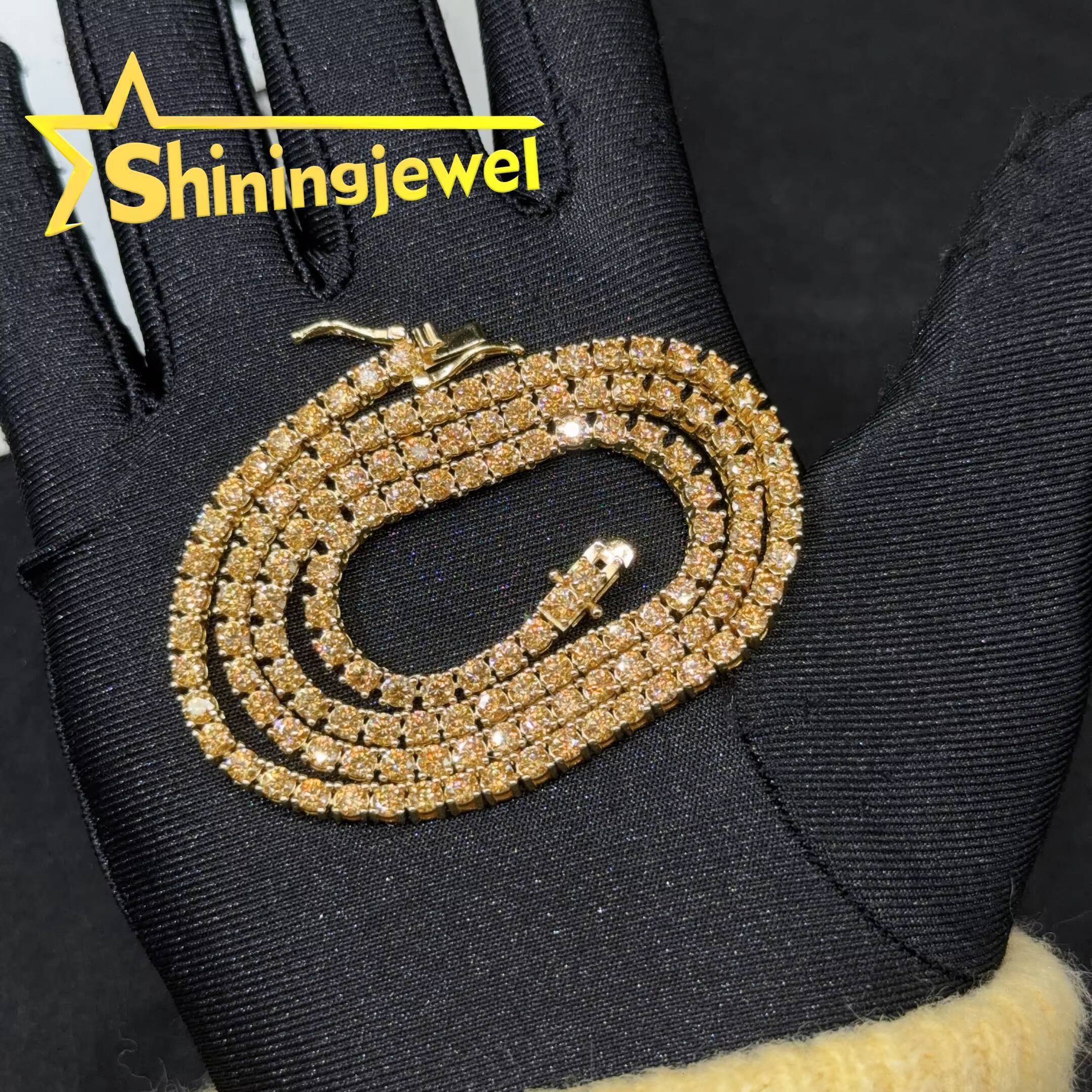 3mm 4mm Golden Moissanite Diamond Tennis Necklace 925 Silver Fashion Jewelry Hip Hop Tennis Chains Pass Tester