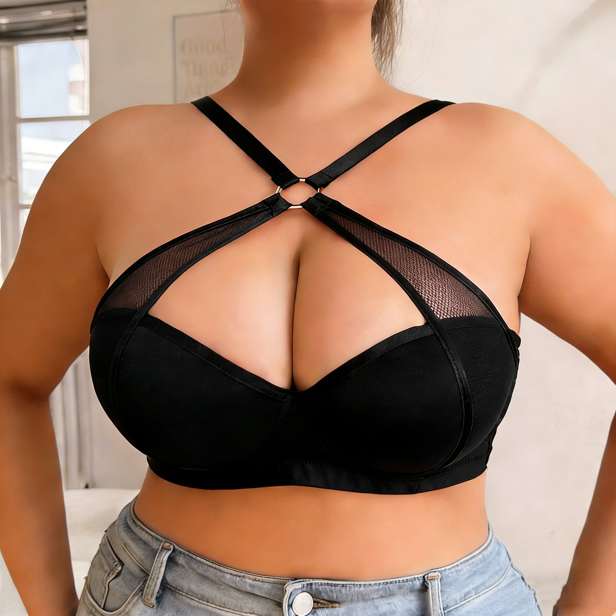 Bras Plus Size Halter Mesh Deep V Push Up Bra Underwire Sexy Harness Style Plunge Bra for Women 2529#-image-1102807877