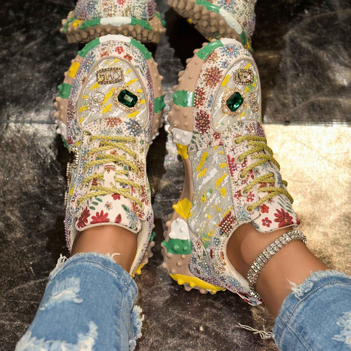 Women Summer Mesh Fabric Platform Shoes Platforms Luxury Sneakers Shine Bling Rhinestone Casual Shoes Designer Shoes Breathable and non slip skatebo