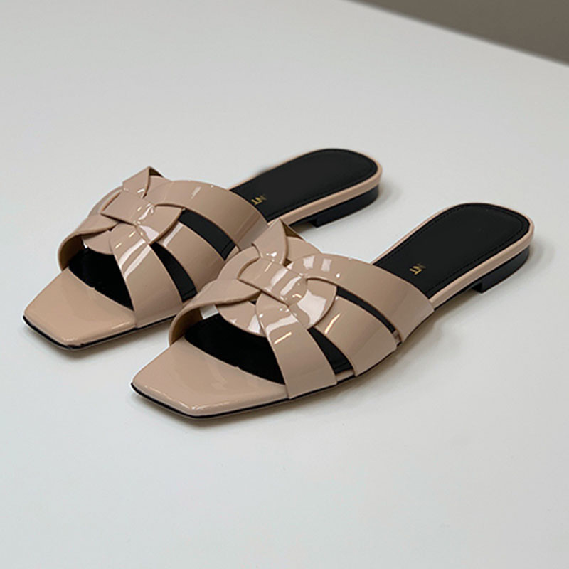 Cross Genuine Leather Women sandal womens patent leather Slip On Open Toe Casual Flat Sandals lady summer square peep toe intertwining straps