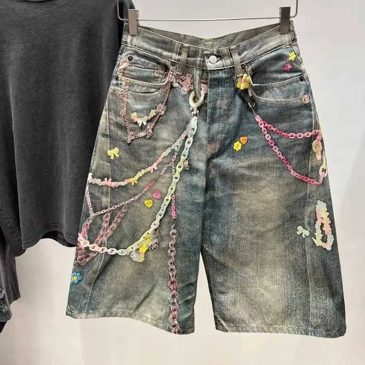Vintage Distressed Denim Shorts Y2K Colorful Chain 3D Digital Streetwear Washed Wide Leg Jeans Casual Grunge Jorts L260522